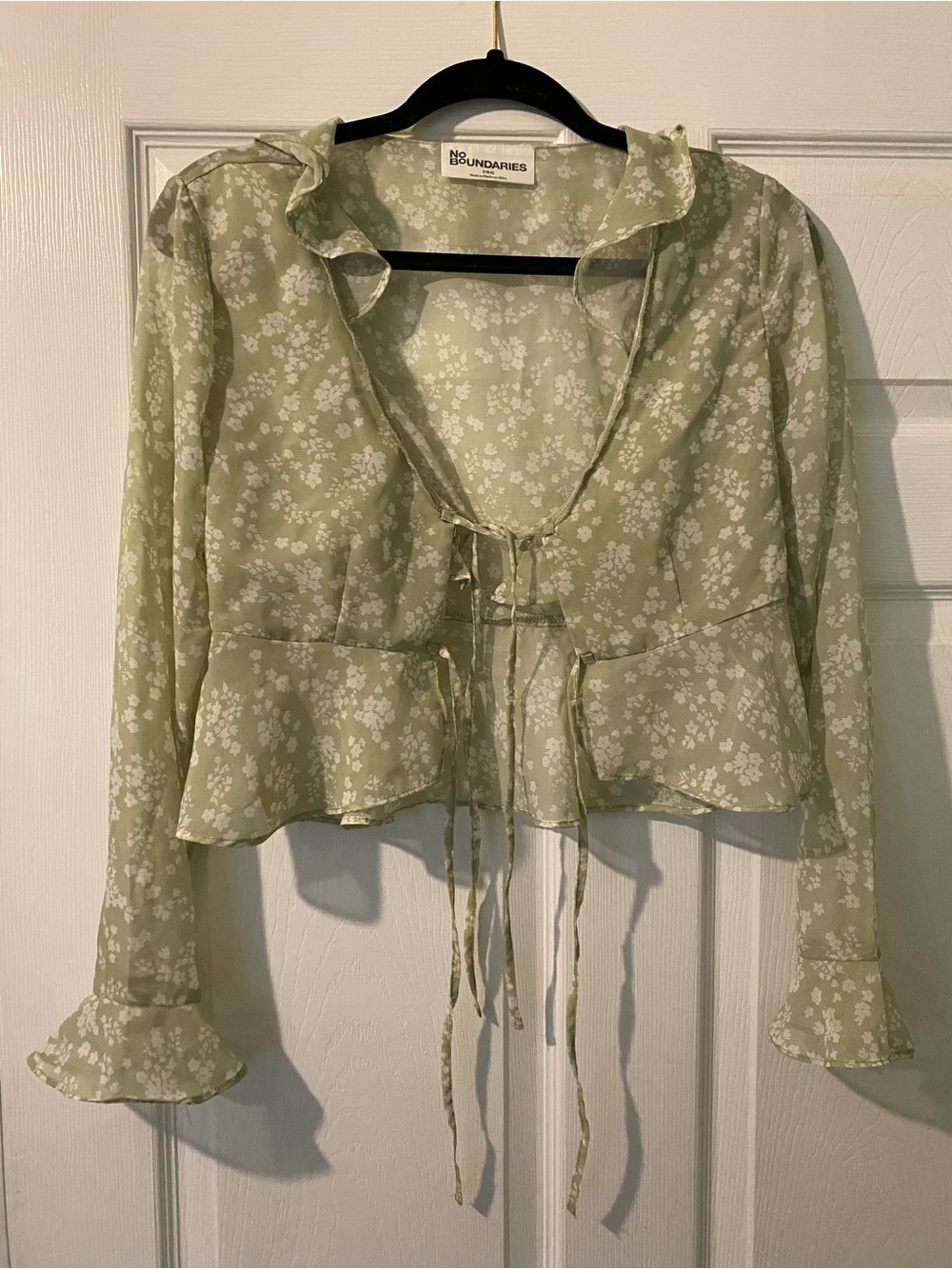 See-through light green floral tie-front ruffle blouse
